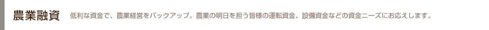 農業融資 低利な資金で、農業経営をバックアップ。農業の明日を担う皆さまの運転資金、設備資金などの資金ニーズにお応えします。